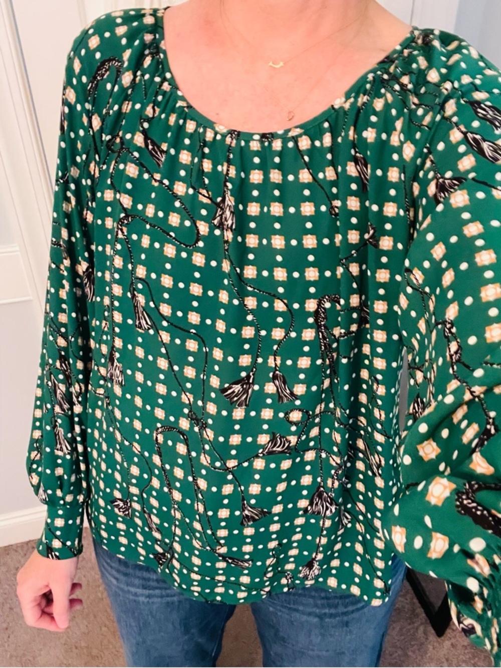 CAbi Green Mixed-Print Long Sleeve Blouse